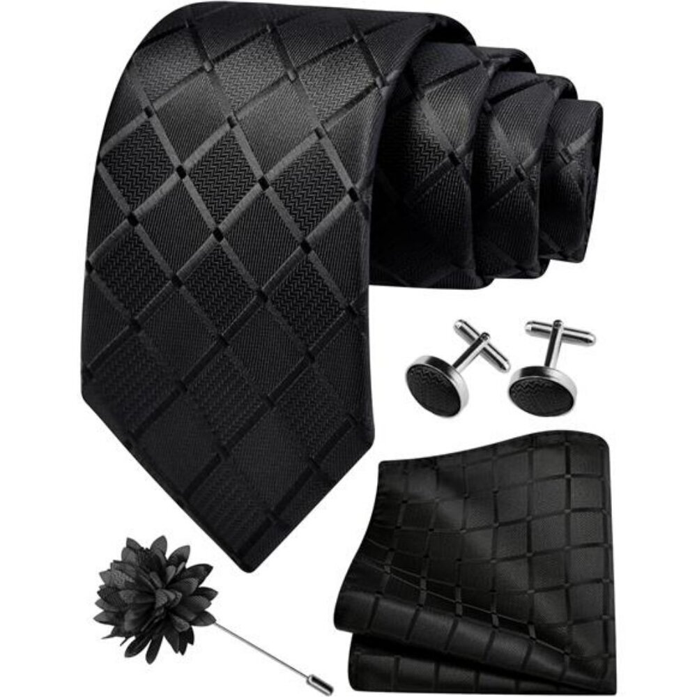 Mens Plaid Tie Set with Pocket Square Cufflinks Lapel Pin Formal Necktie